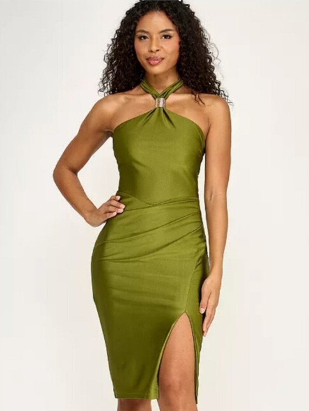 Seni & Cade NWT XS Moss Green Satin Halter Dress Pleated Neck Cocktail Party
